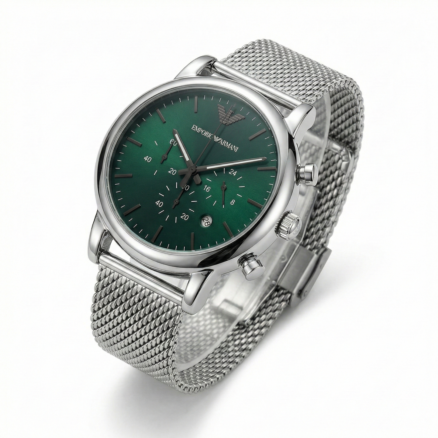 Emporio Armani Silver Mesh Chronograph – Emerald Green Dial