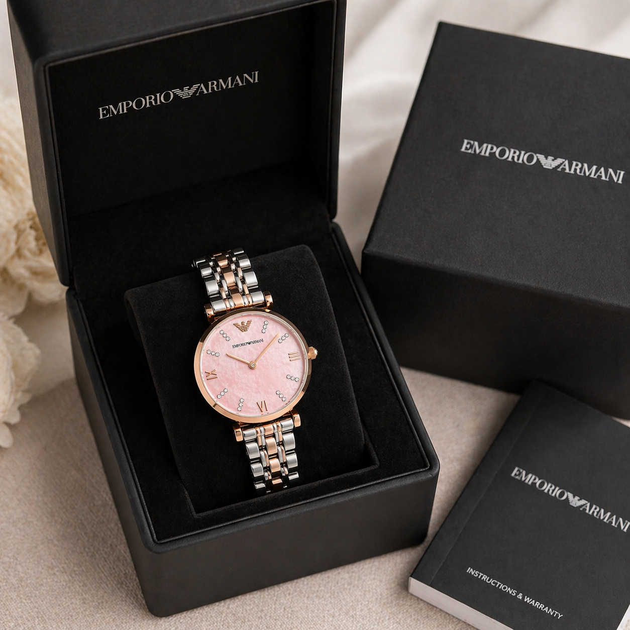 Emporio Armani Elegant Slim Pink Dial Watch – Rose Gold Case Dual-Tone Stainless Steel Bracelet
