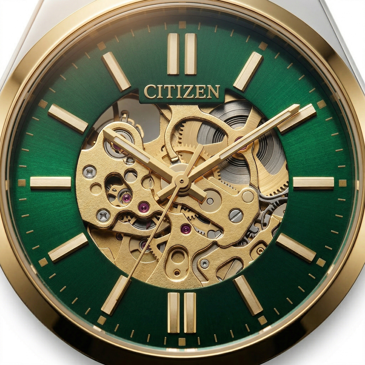 Citizen Automatic Skeleton Green Dial Gold-Tone Bezel Two-Tone Steel Bracelet Watch