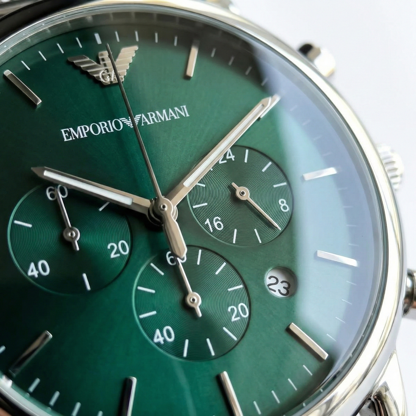 Emporio Armani Silver Mesh Chronograph – Emerald Green Dial