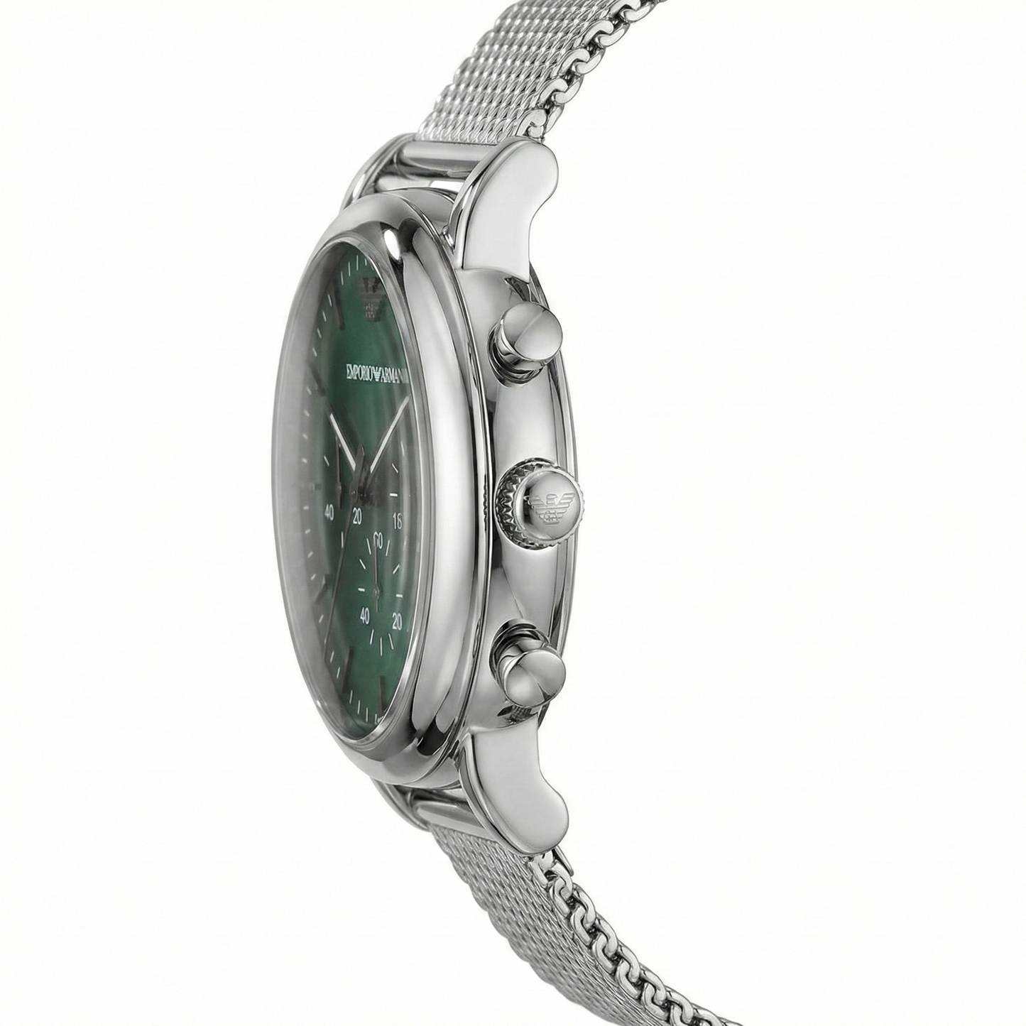 Emporio Armani Silver Mesh Chronograph – Emerald Green Dial