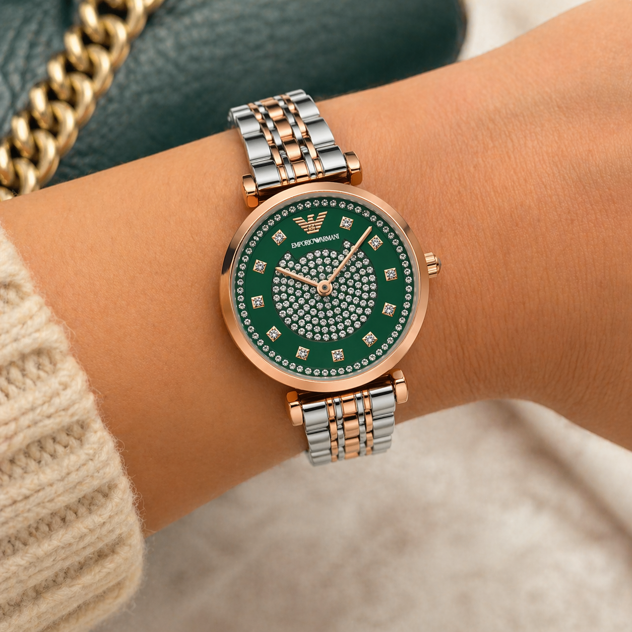 Emporio Armani Emerald Crystal Dial Watch – Rose Gold Case Dual-Tone Stainless Steel Bracelet