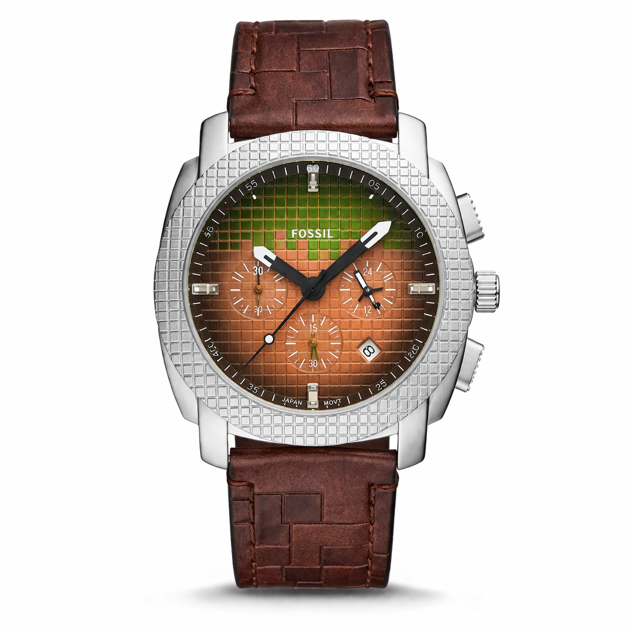 Fossil Grid Chronograph Silver Case Brown Leather Watch