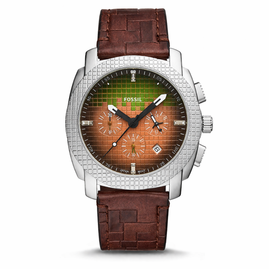 Fossil Grid Chronograph Silver Case Brown Leather Watch