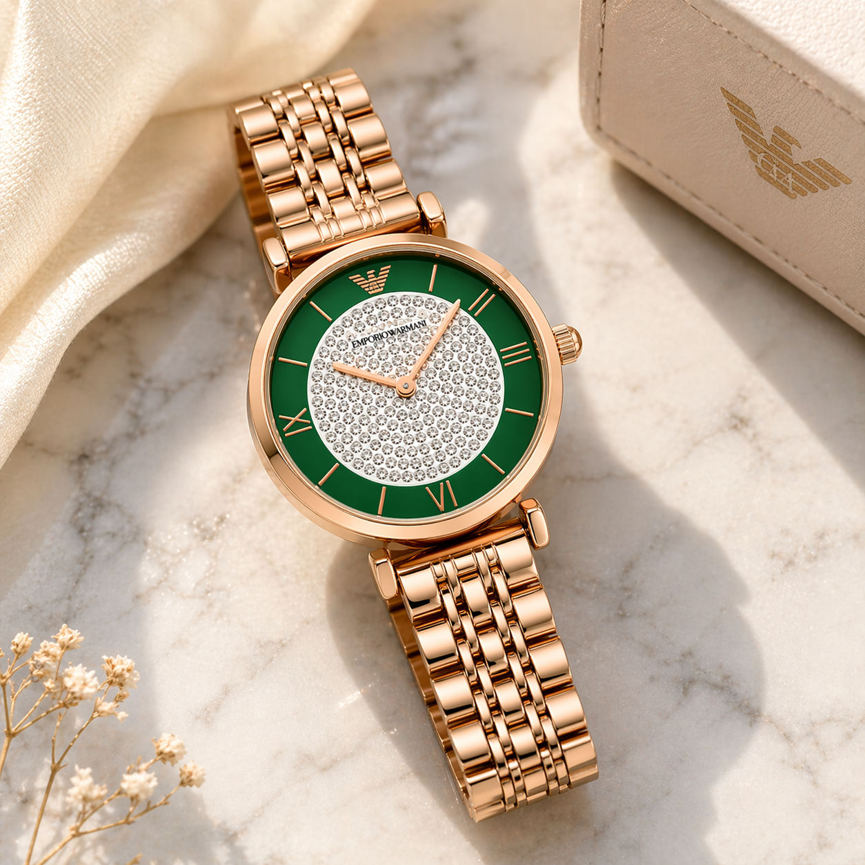 Emporio Armani Crystal Dial Elegance – Rose Gold Case Green Dial Stainless Steel Bracelet