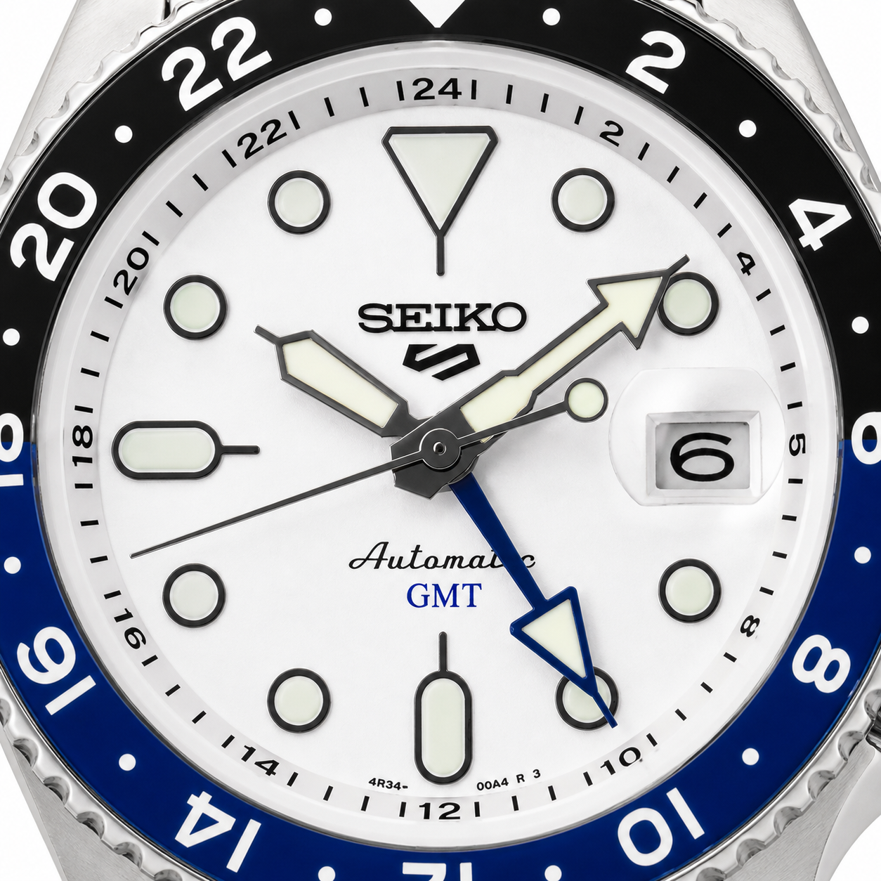 Seiko 5 GMT Automatic Stainless Steel White Dial Jubilee Watch (Blue Black Bezel)