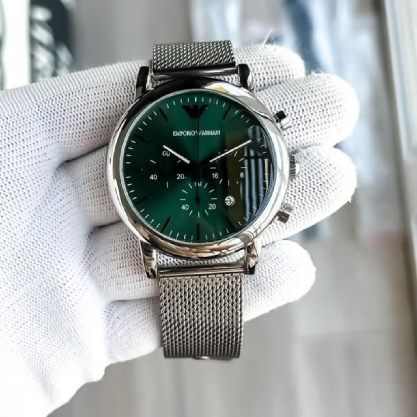 Emporio Armani Silver Mesh Chronograph – Emerald Green Dial