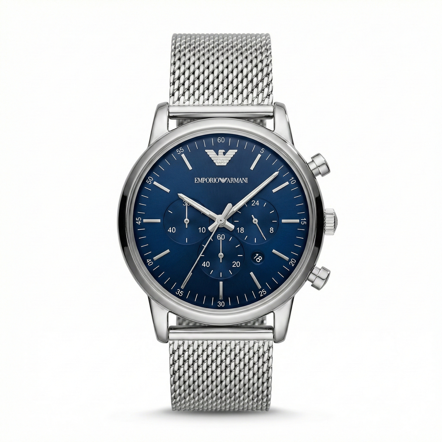 Emporio Armani Silver Mesh Chronograph – Navy Blue Dial