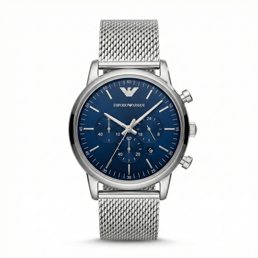 Emporio Armani Silver Mesh Chronograph – Navy Blue Dial