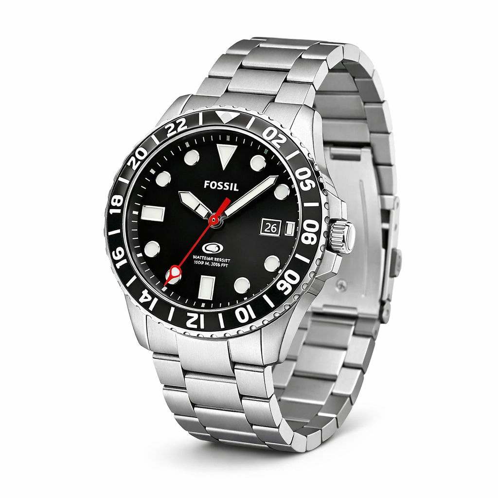 Fossil Diver Style Black Dial Silver Stainless Steel Bracelet