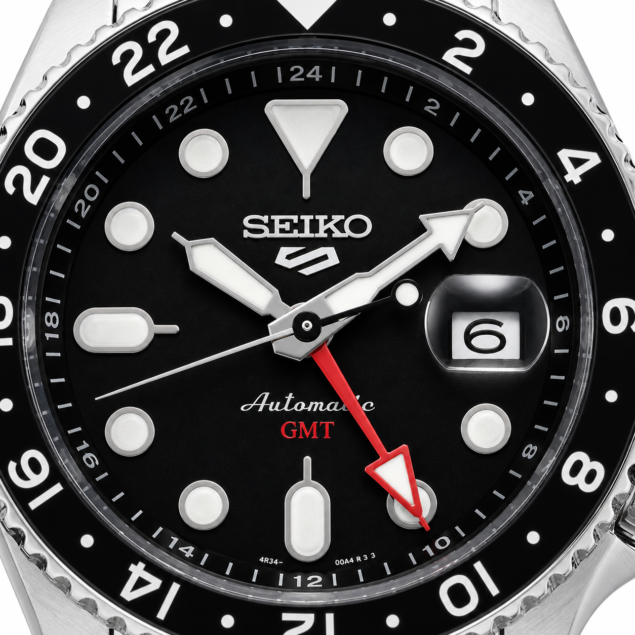 Seiko 5 GMT Automatic Stainless Steel Black Dial Jubilee Watch (Black Bezel)