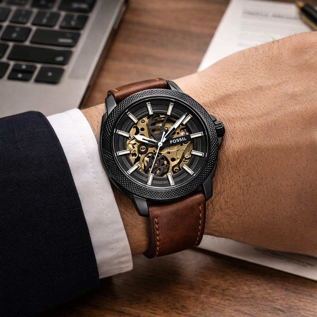 Fossil Automatic Skeleton Black Case Brown Leather Strap