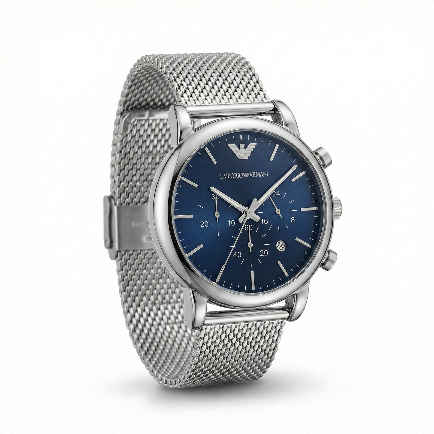 Emporio Armani Silver Mesh Chronograph – Navy Blue Dial