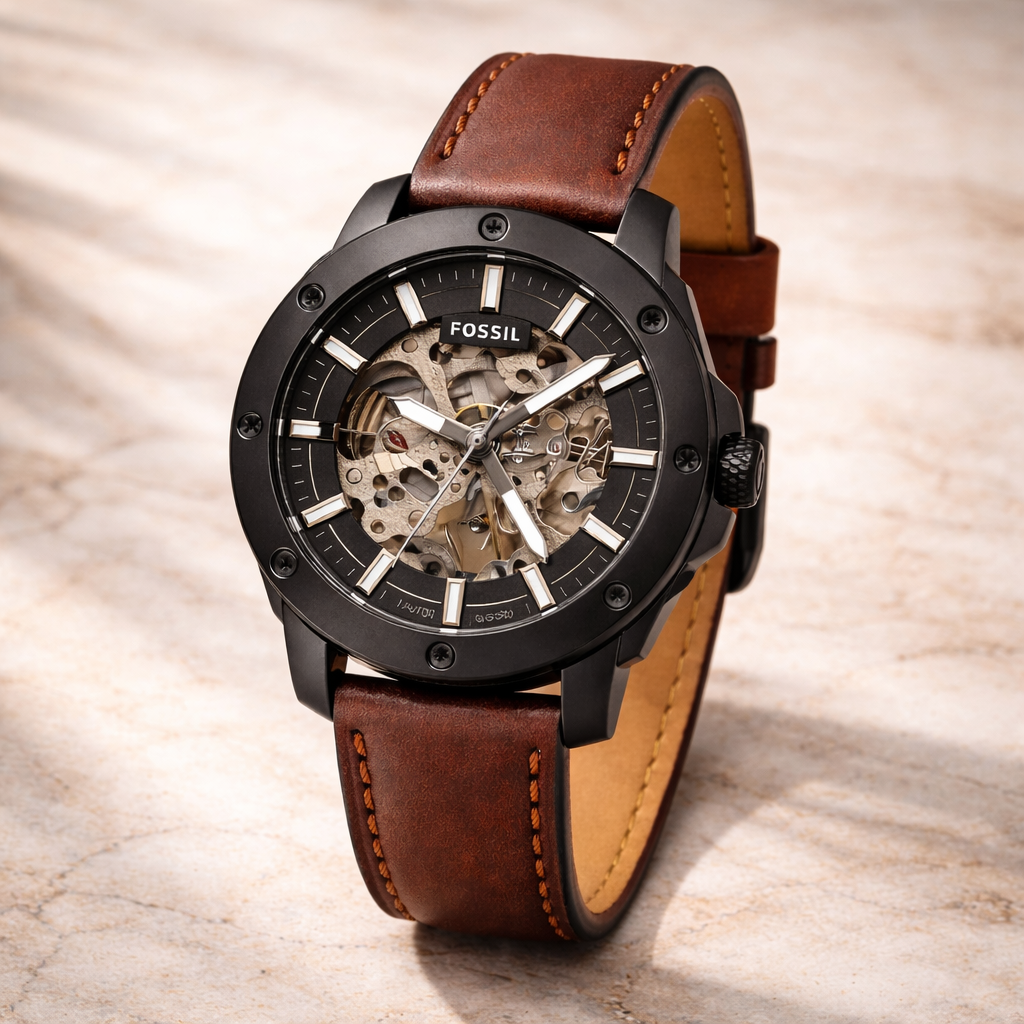 Fossil Automatic Skeleton Black Case Brown Leather Strap
