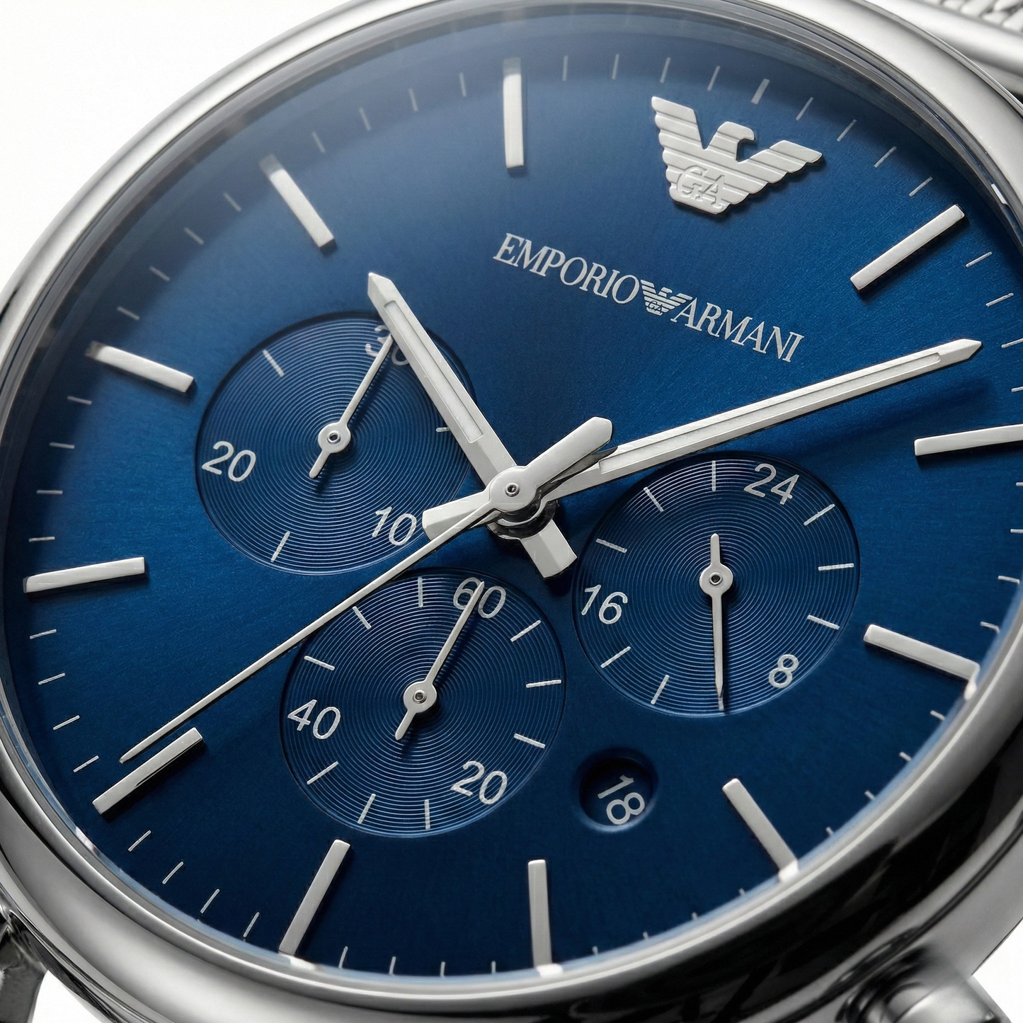 Emporio Armani Silver Mesh Chronograph – Navy Blue Dial