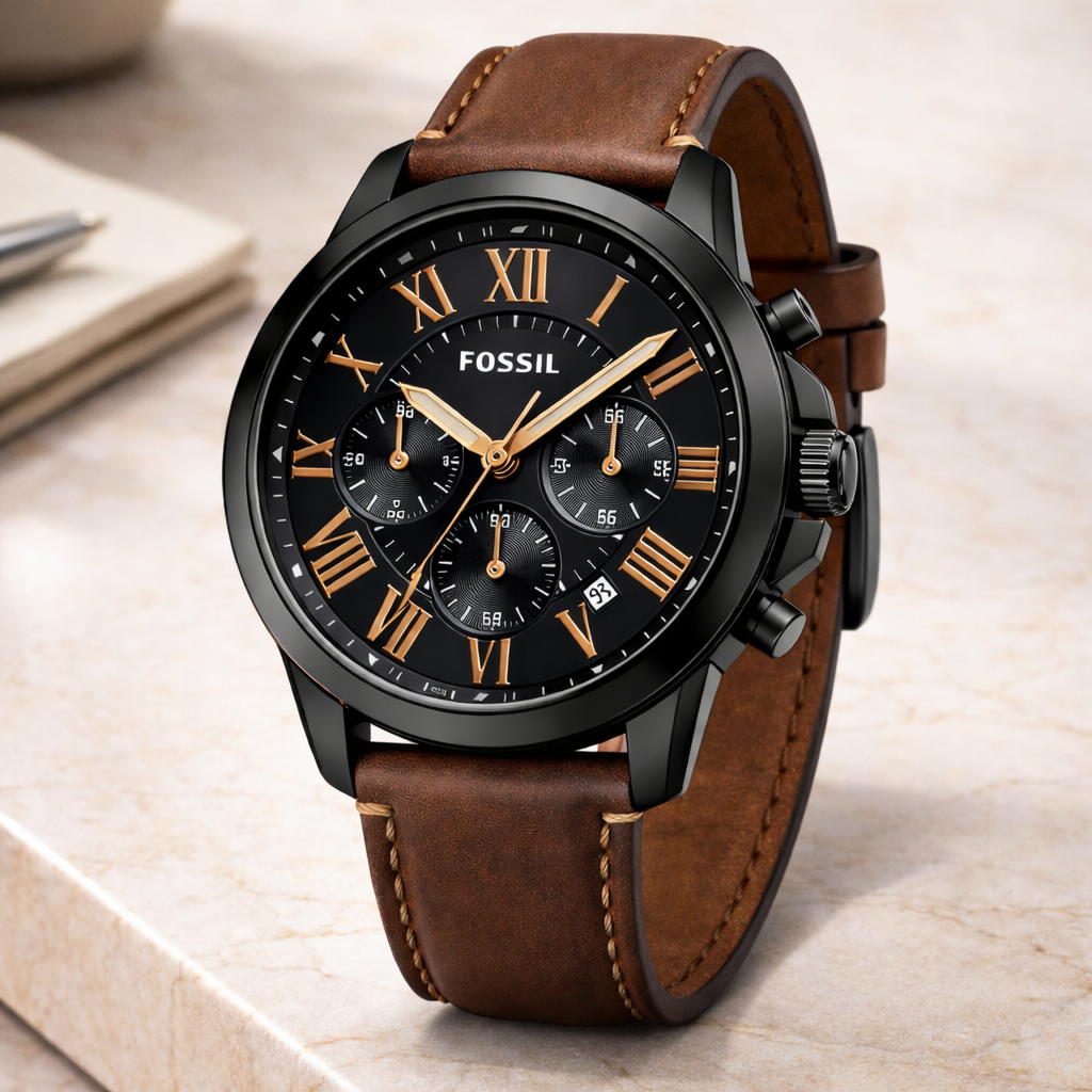 Fossil Chronograph Black Dial Black Case Brown Leather Strap