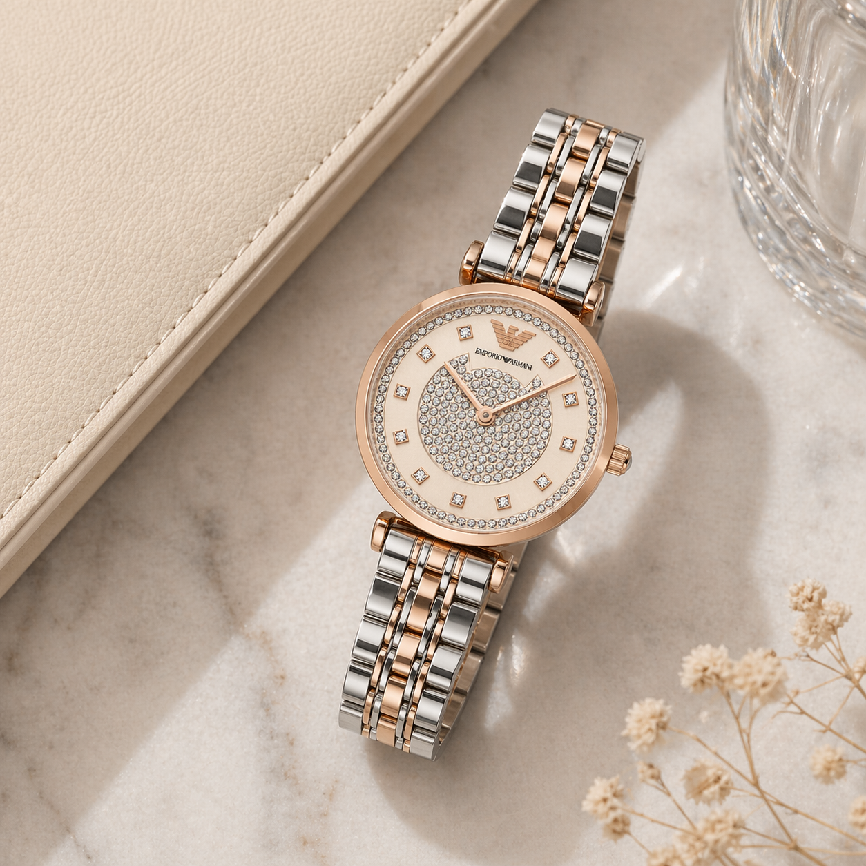 Emporio Armani Crystal Ring Dial Watch – Rose Gold Case Dual-Tone Stainless Steel Bracelet
