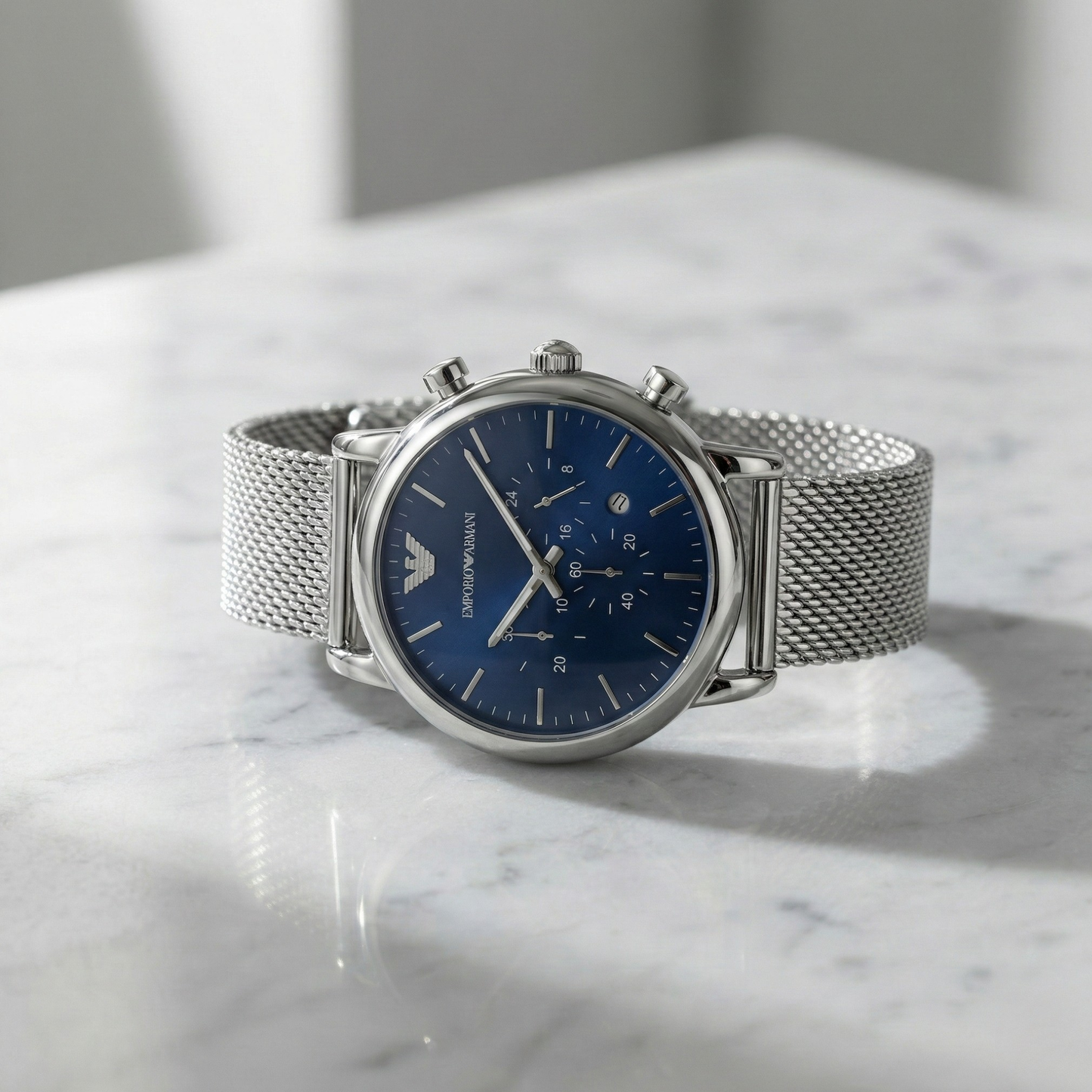 Emporio Armani Silver Mesh Chronograph – Navy Blue Dial