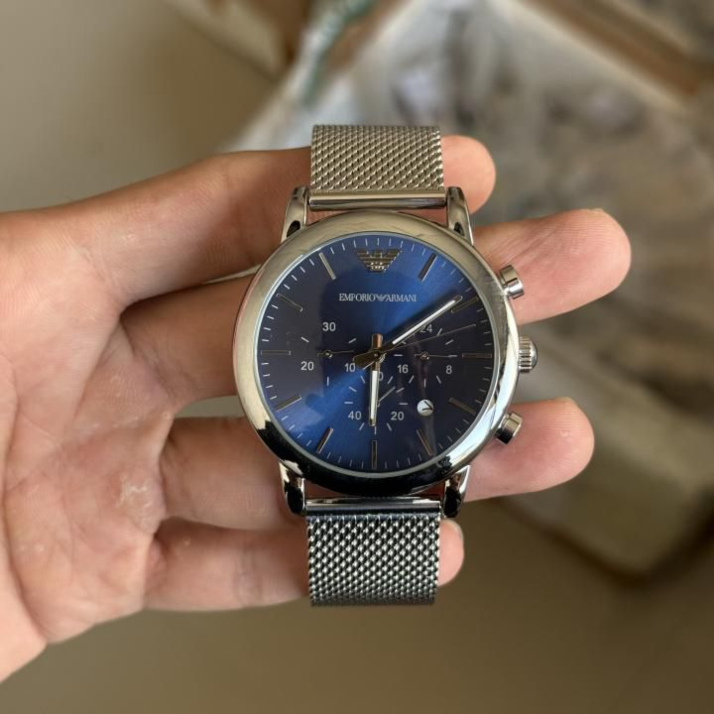 Emporio Armani Silver Mesh Chronograph – Navy Blue Dial