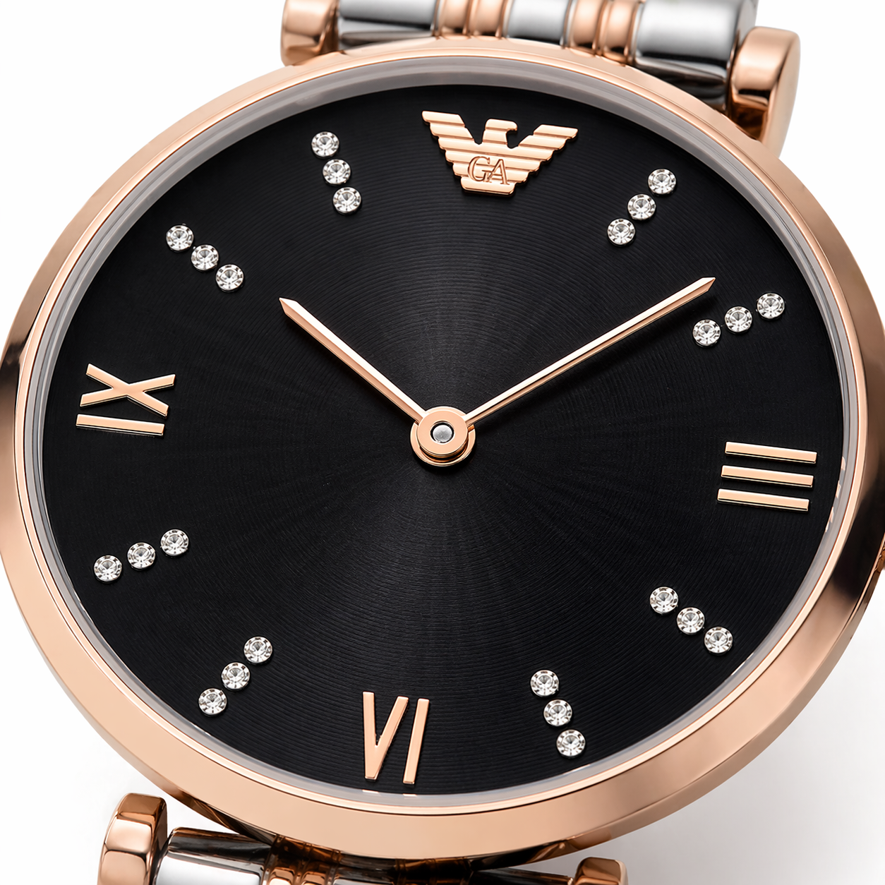 Emporio Armani Elegant Black Dial Rose Gold Case Dual-Tone Stainless Steel Watch