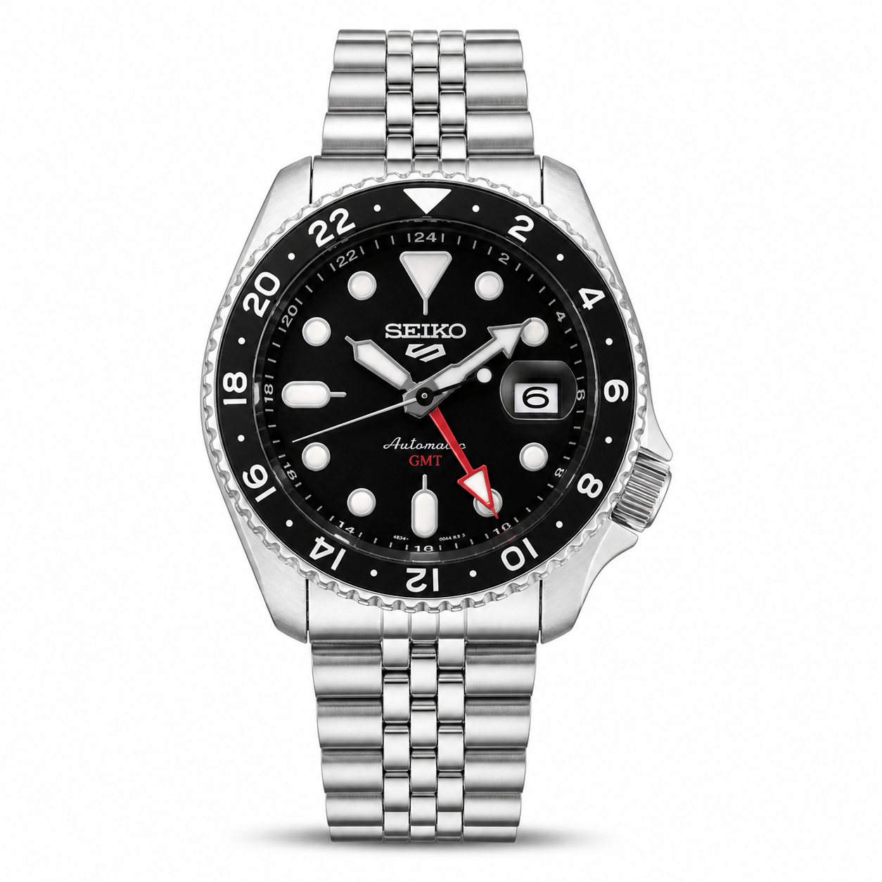 Seiko 5 GMT Automatic Stainless Steel Black Dial Jubilee Watch (Black Bezel)