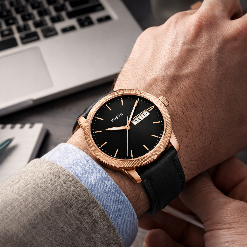 Fossil Minimal Black Dial Rose Gold Case Black Leather Strap