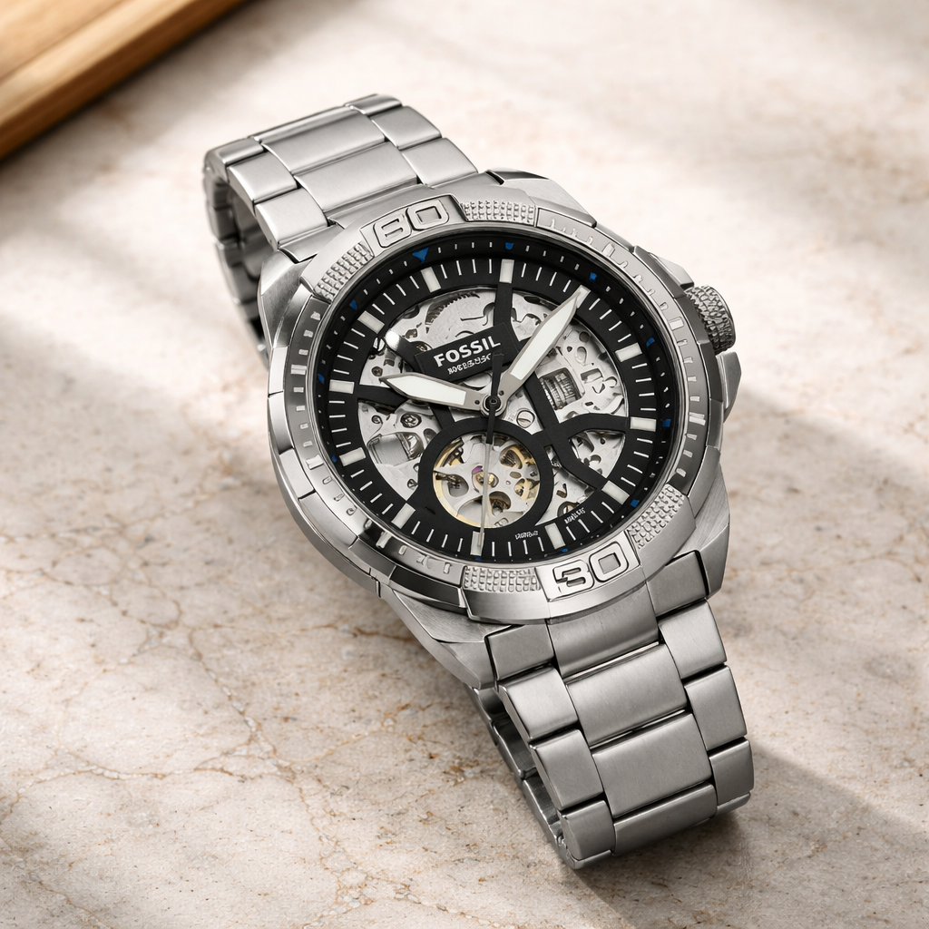 Fossil Bronson Skeleton Silver Case Stainless Steel Watch