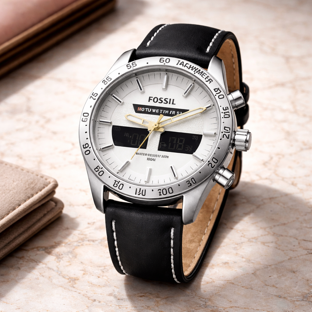 Fossil Hybrid Chronograph White Dial – Silver Case Black Leather Strap