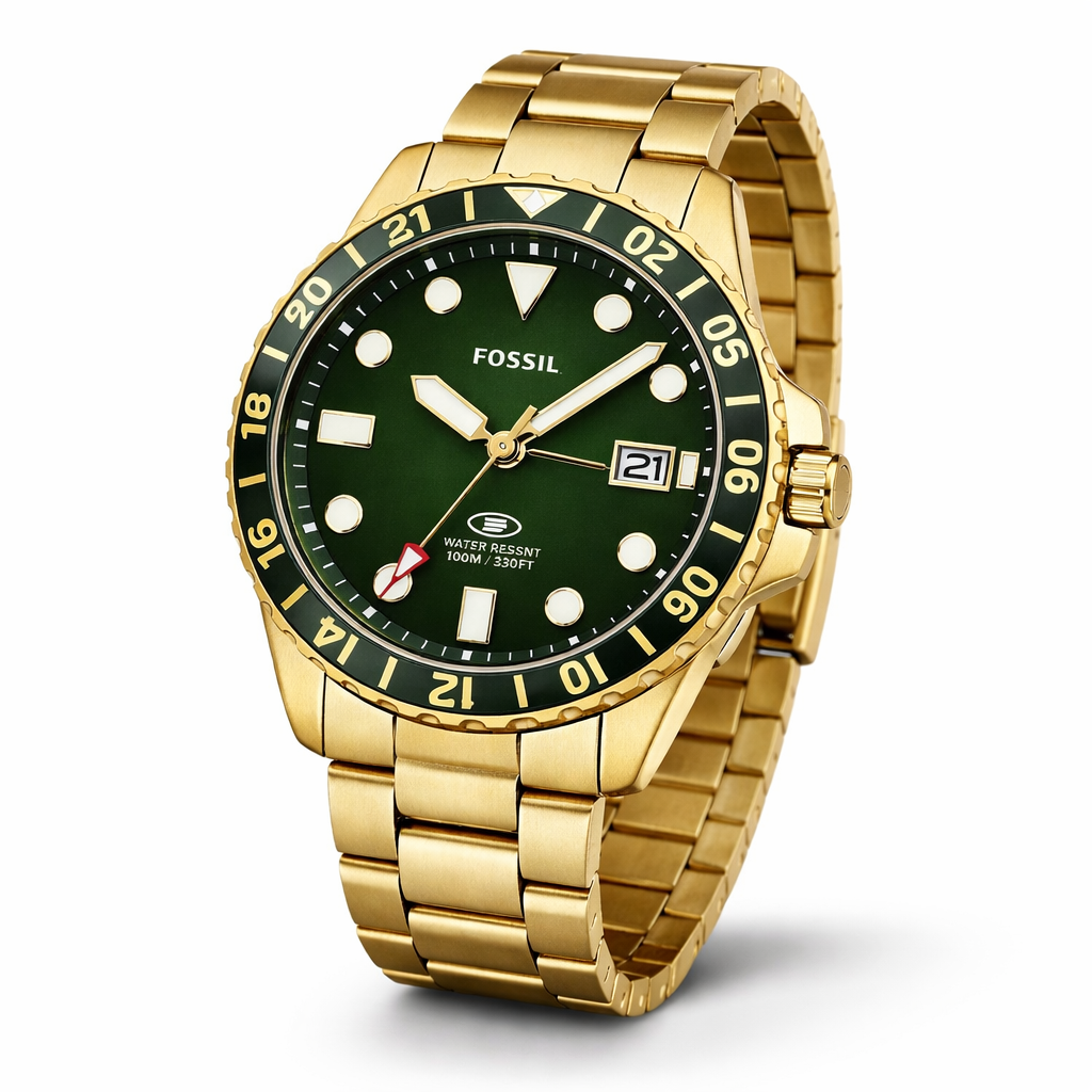 Fossil Diver Style Green Dial Gold Stainless Steel Bracelet