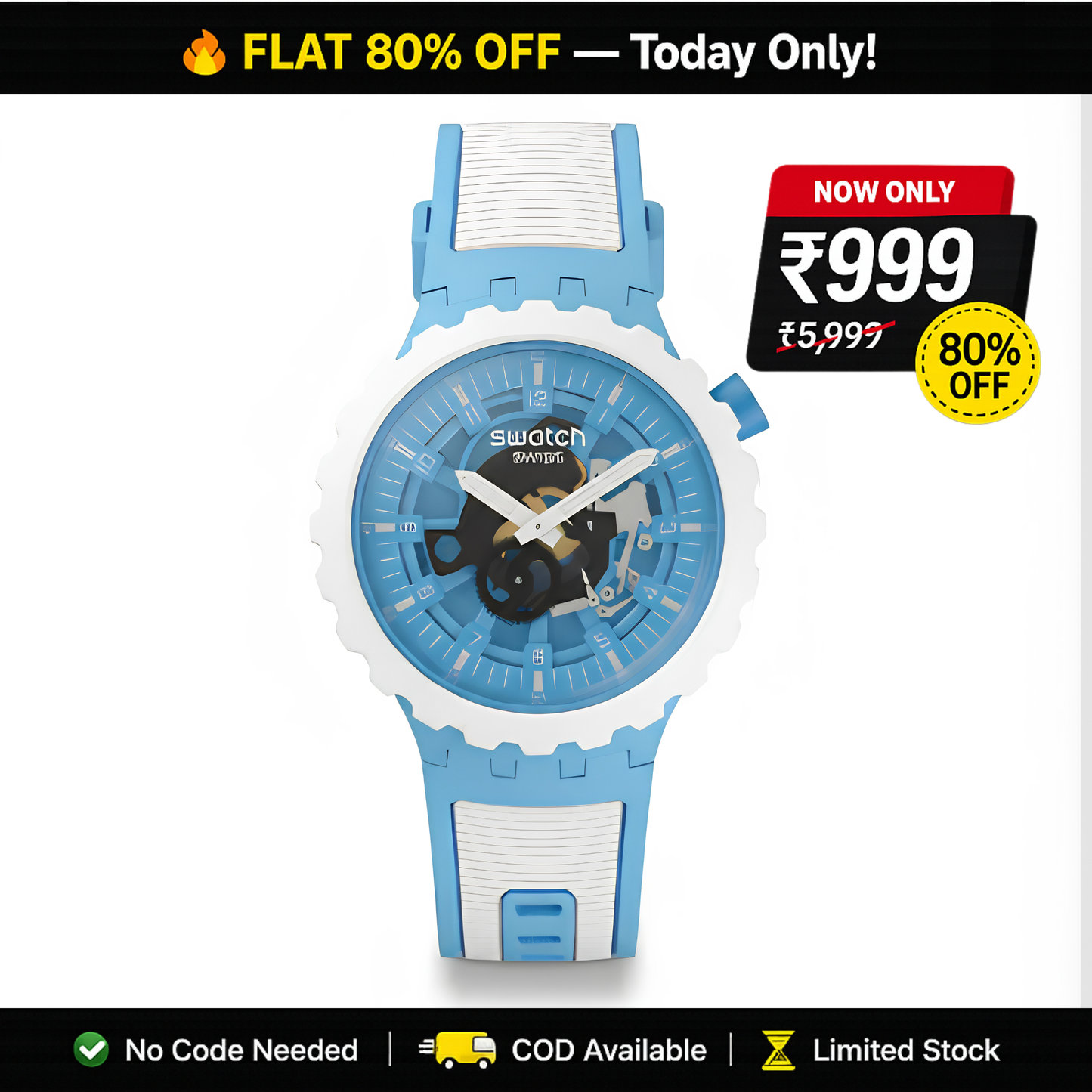Swatch Big Bold Sky Blue – White Case Silicone Strap
