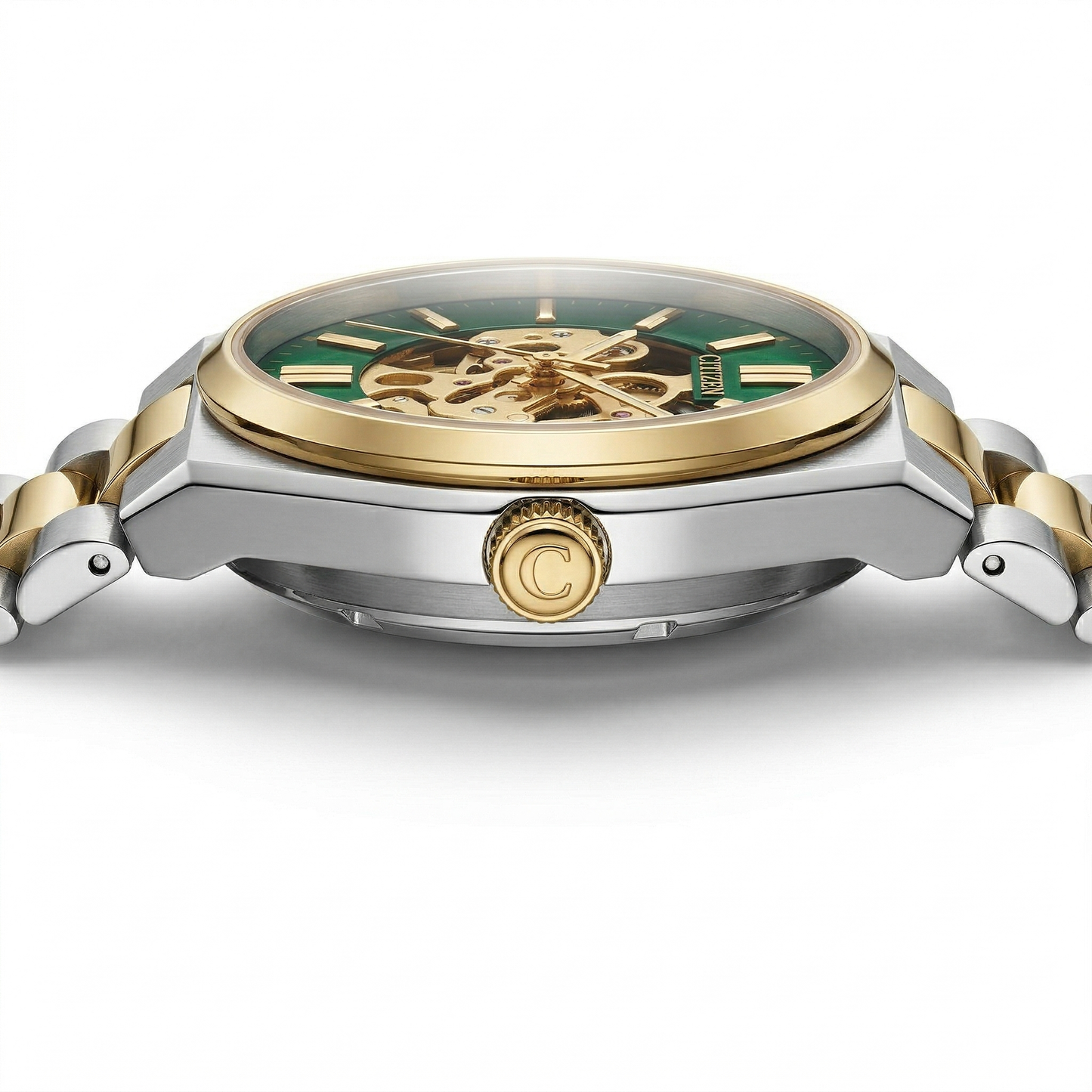 Citizen Automatic Skeleton Green Dial Gold-Tone Bezel Two-Tone Steel Bracelet Watch