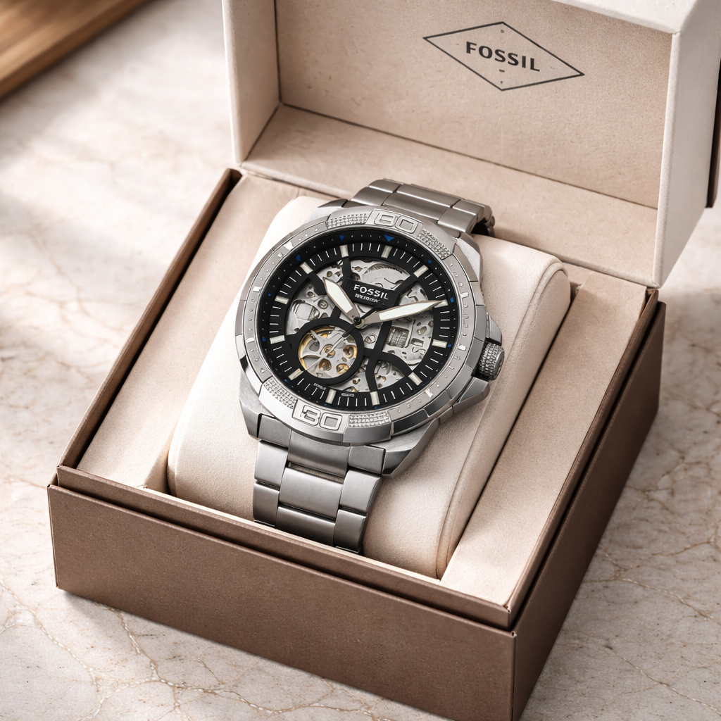Fossil Bronson Skeleton Silver Case Stainless Steel Watch