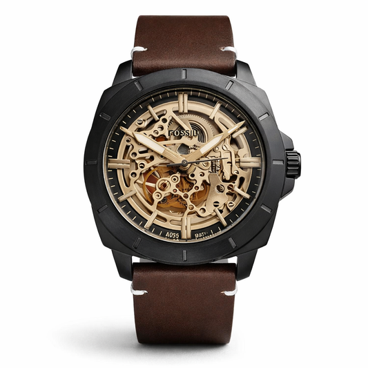 Fossil Skeleton Automatic Black Case Brown Leather Watch