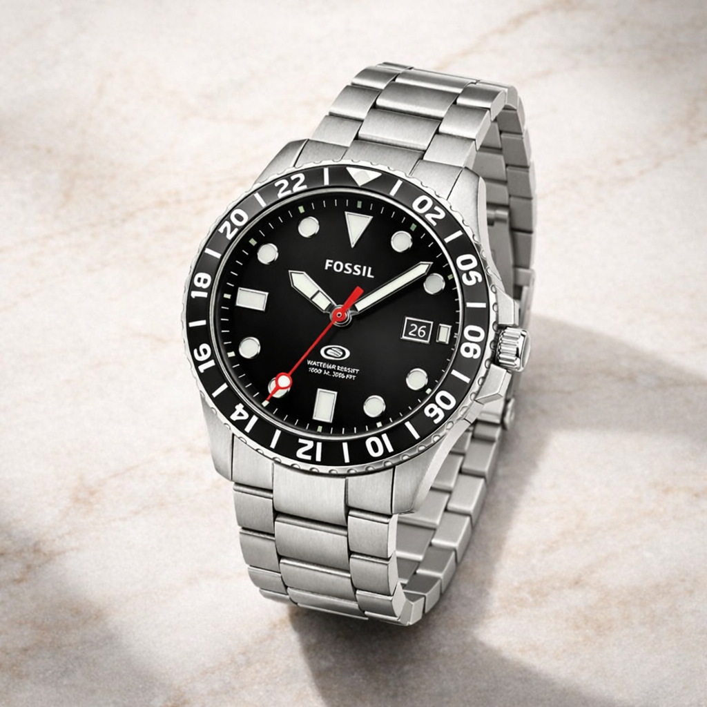 Fossil Diver Style Black Dial Silver Stainless Steel Bracelet