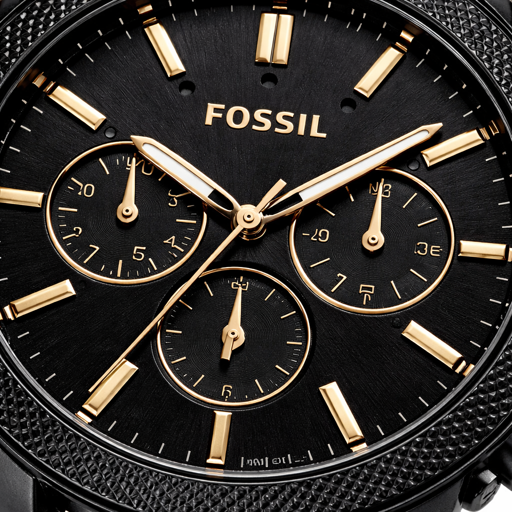 Fossil Chronograph Black Dial Black Case Brown Leather Strap