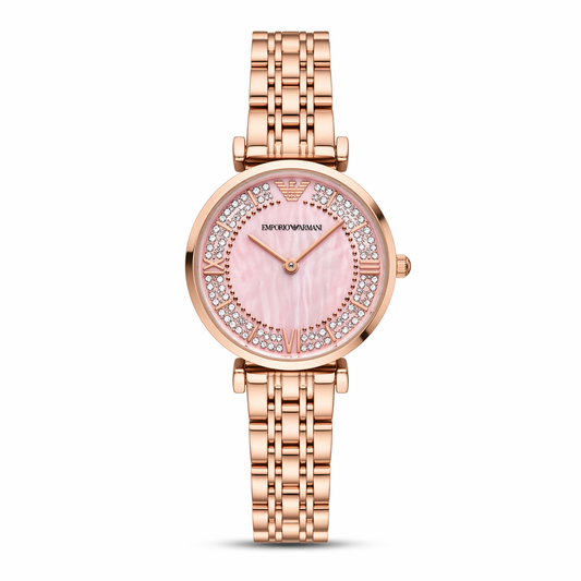Emporio Armani Crystal Pink Dial Watch – Rose Gold Case Stainless Steel Bracelet