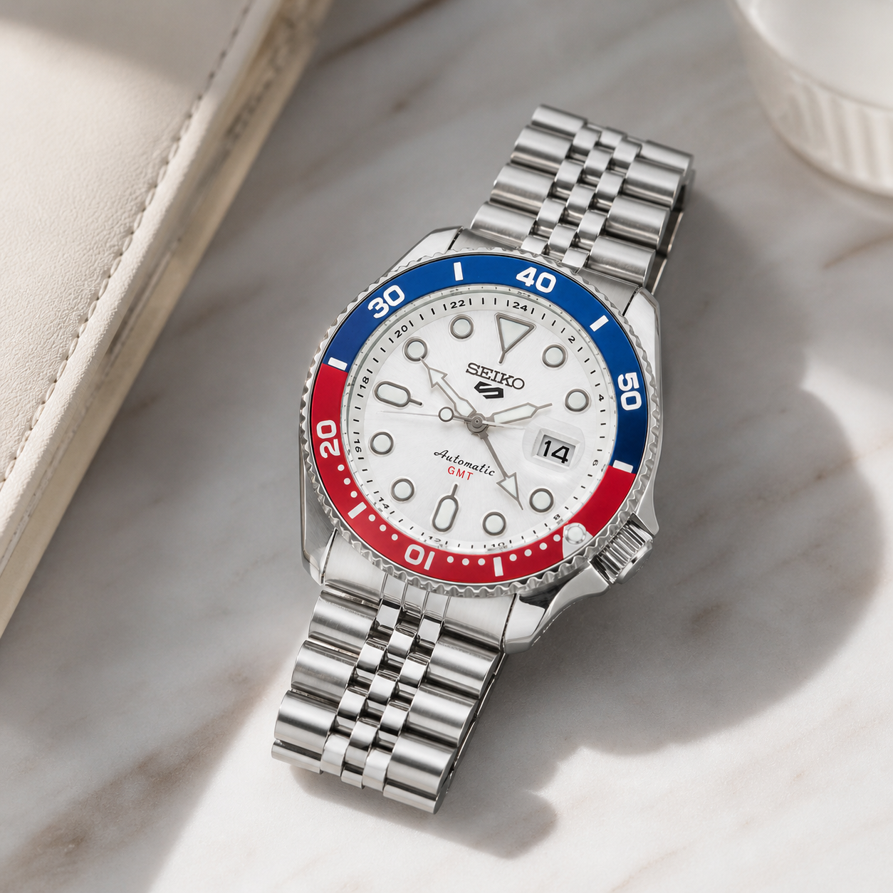 Seiko 5 GMT Automatic Stainless Steel White Dial Jubilee Watch