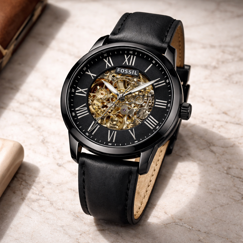 Fossil Skeleton Automatic Black Roman Dial – Black Leather Strap