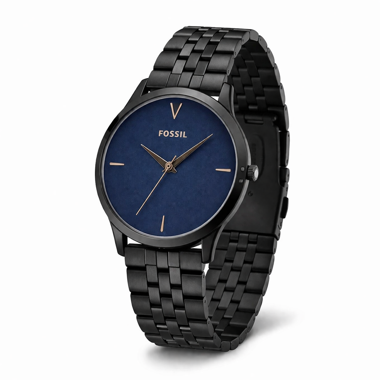Fossil Minimal Blue Dial Black Stainless Steel Mesh Strap