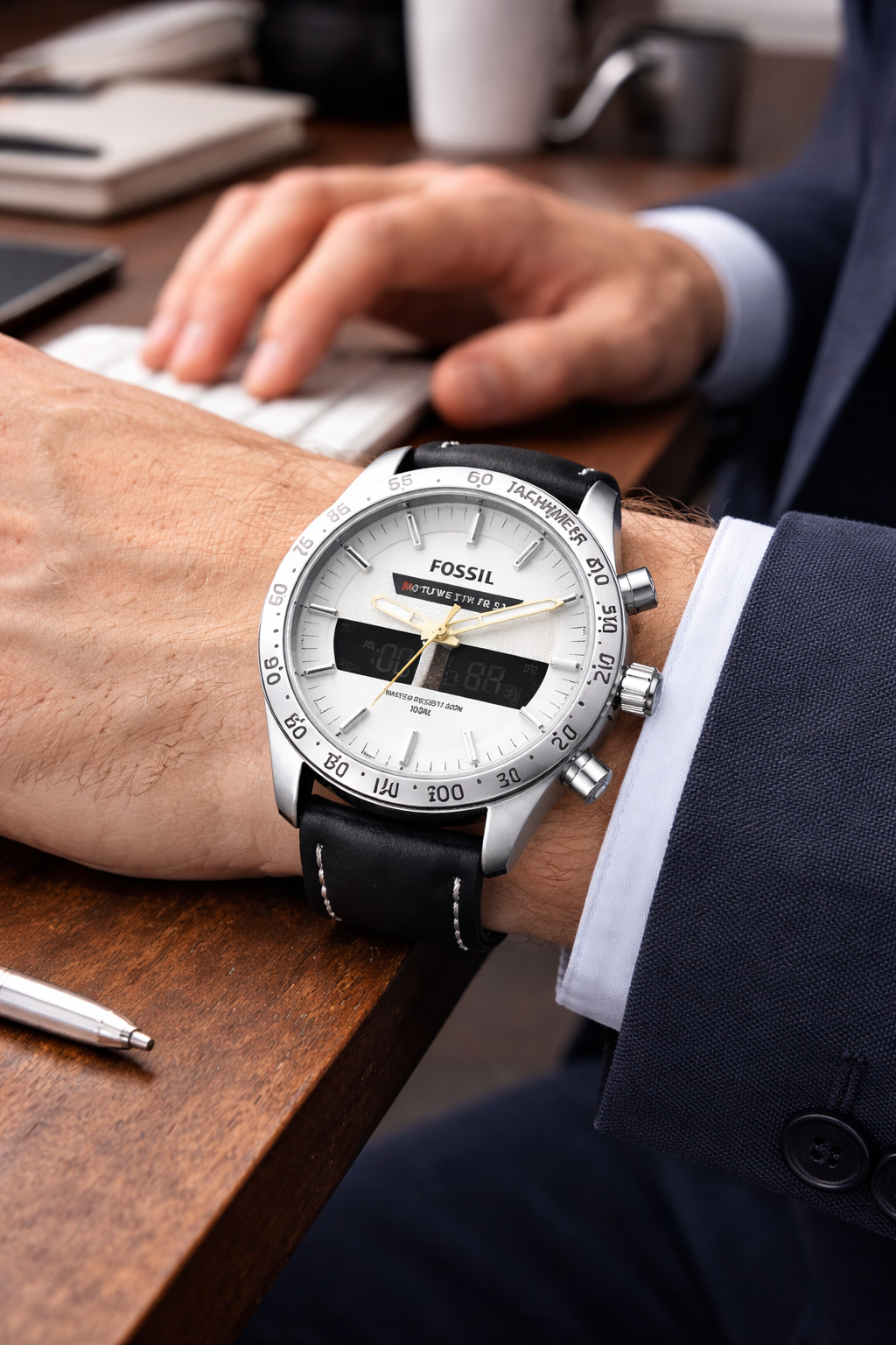 Fossil Hybrid Chronograph White Dial – Silver Case Black Leather Strap