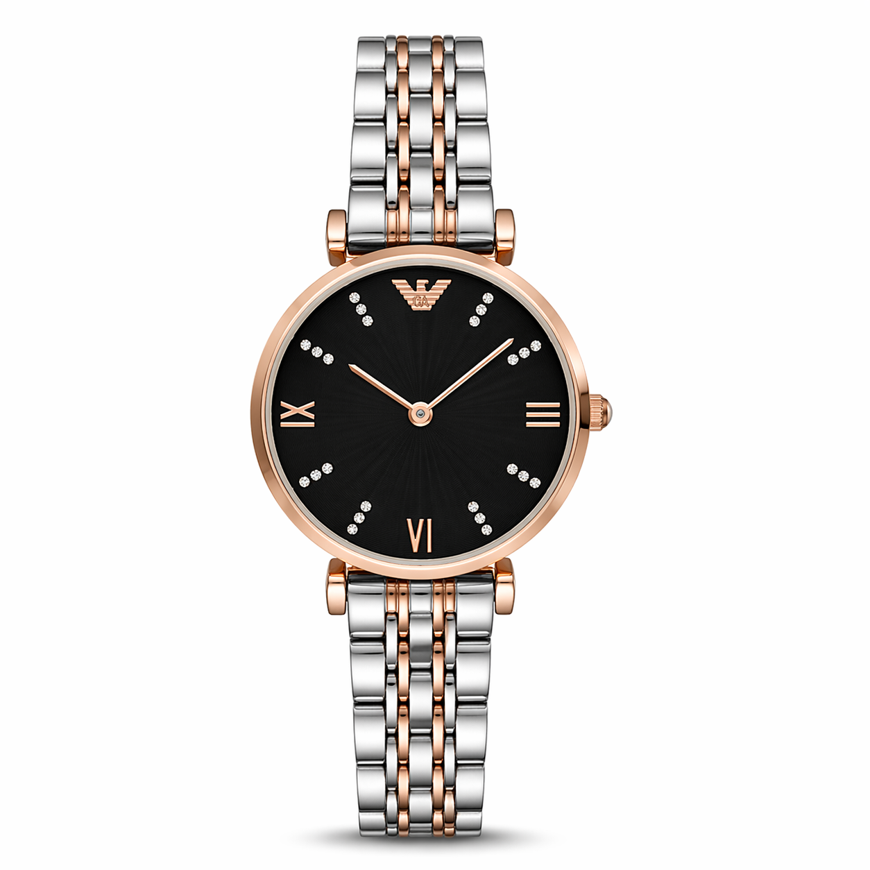 Emporio Armani Elegant Black Dial Rose Gold Case Dual-Tone Stainless Steel Watch