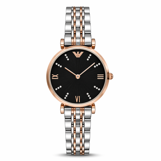 Emporio Armani Elegant Black Dial Rose Gold Case Dual-Tone Stainless Steel Watch