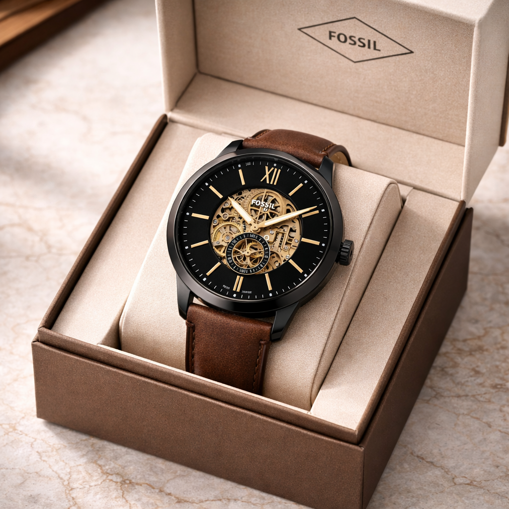 Fossil Skeleton Classic Black Case Brown Leather Watch