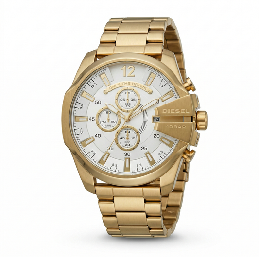 Diesel Only The Brave Chronograph Gold Case White Dial Steel Bracelet