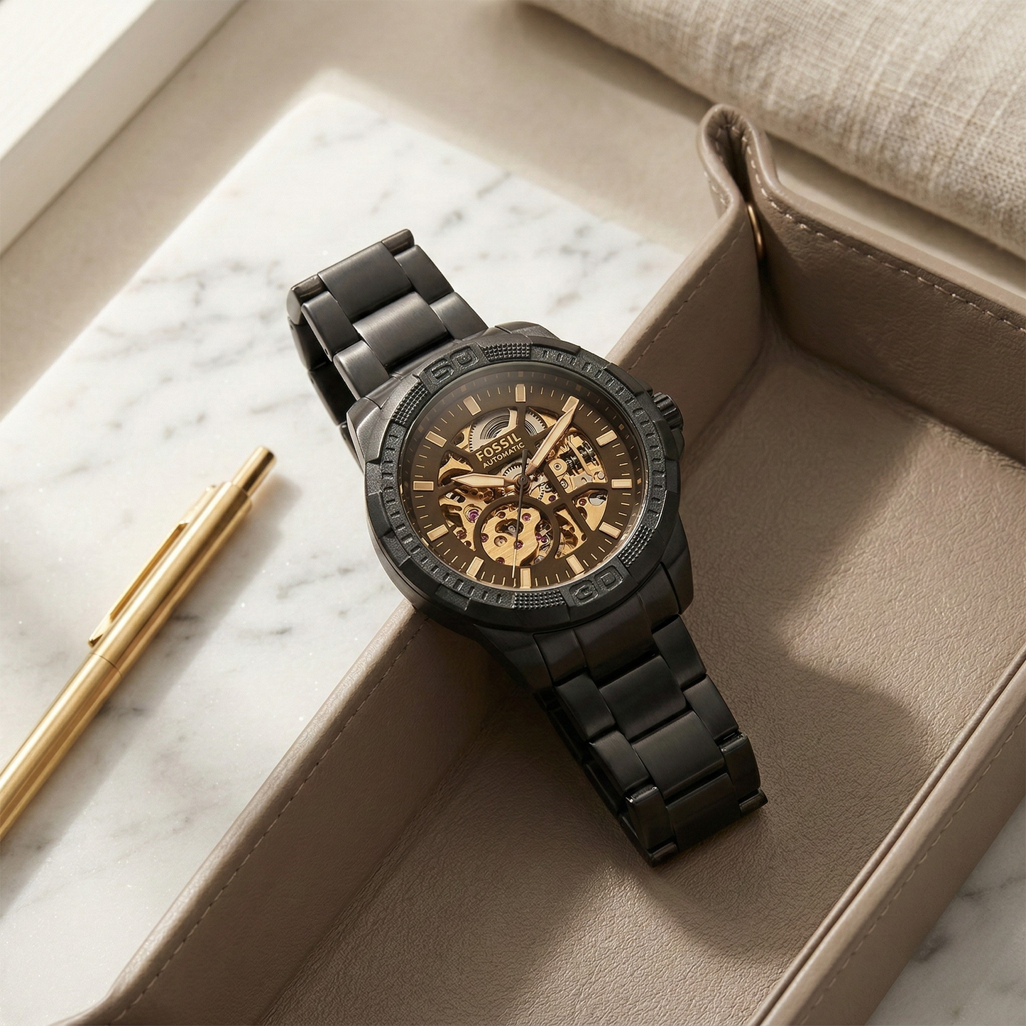 Fossil Bronson Automatic Black Case Black Metal Bracelet