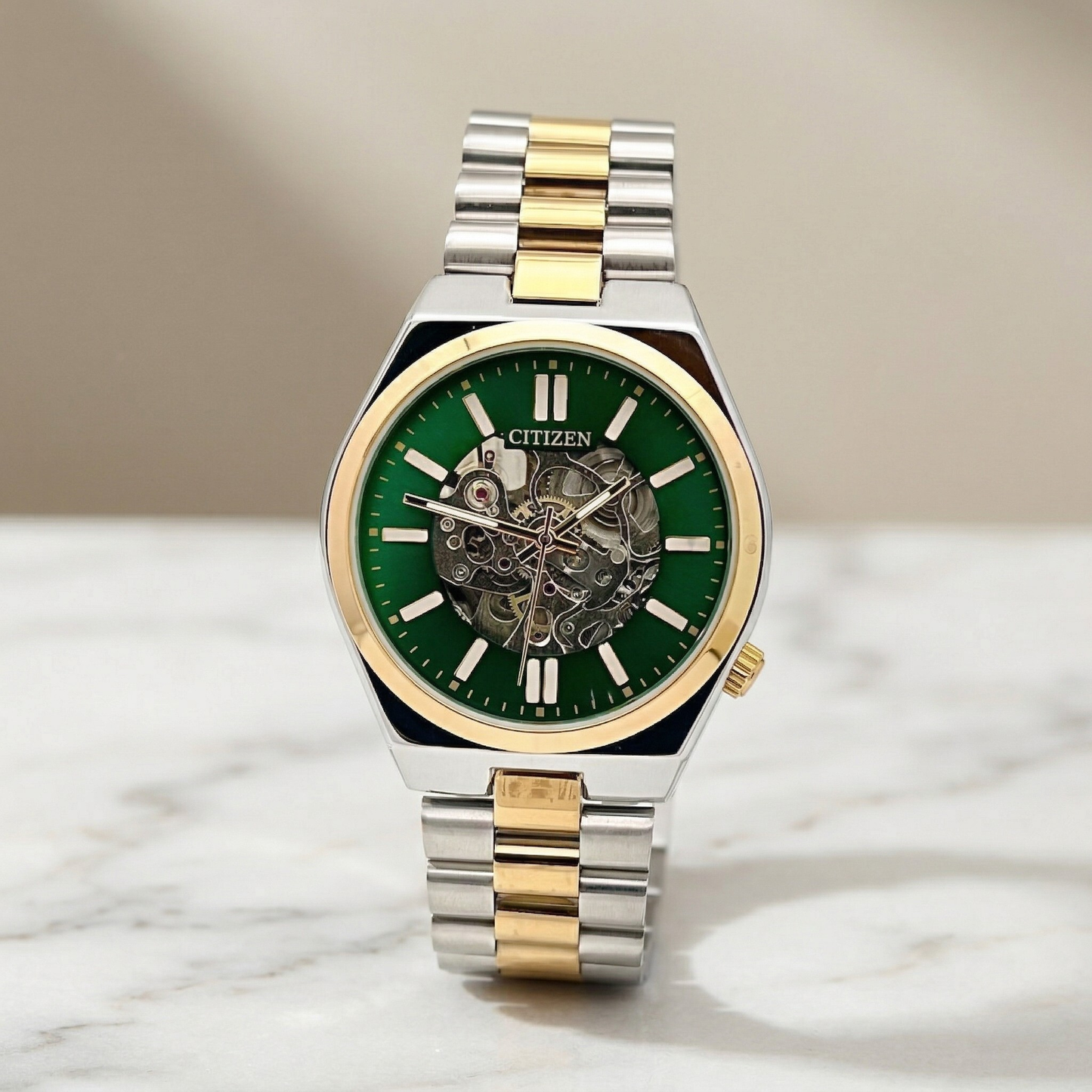 Citizen Automatic Skeleton Green Dial Gold-Tone Bezel Two-Tone Steel Bracelet Watch