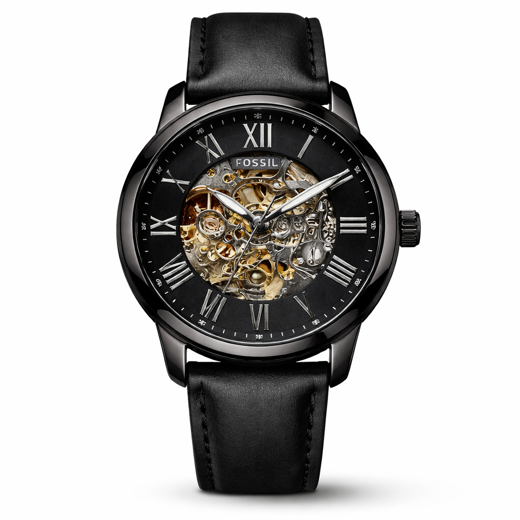 Fossil Skeleton Automatic Black Roman Dial – Black Leather Strap