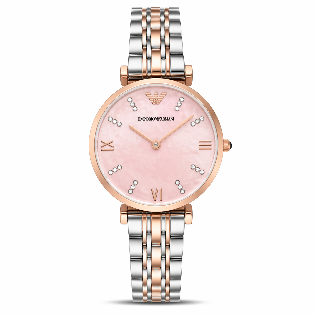 Emporio Armani Elegant Slim Pink Dial Watch – Rose Gold Case Dual-Tone Stainless Steel Bracelet