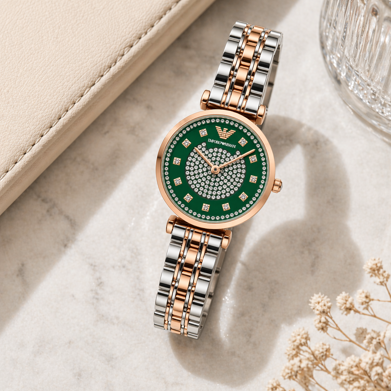 Emporio Armani Emerald Crystal Dial Watch – Rose Gold Case Dual-Tone Stainless Steel Bracelet