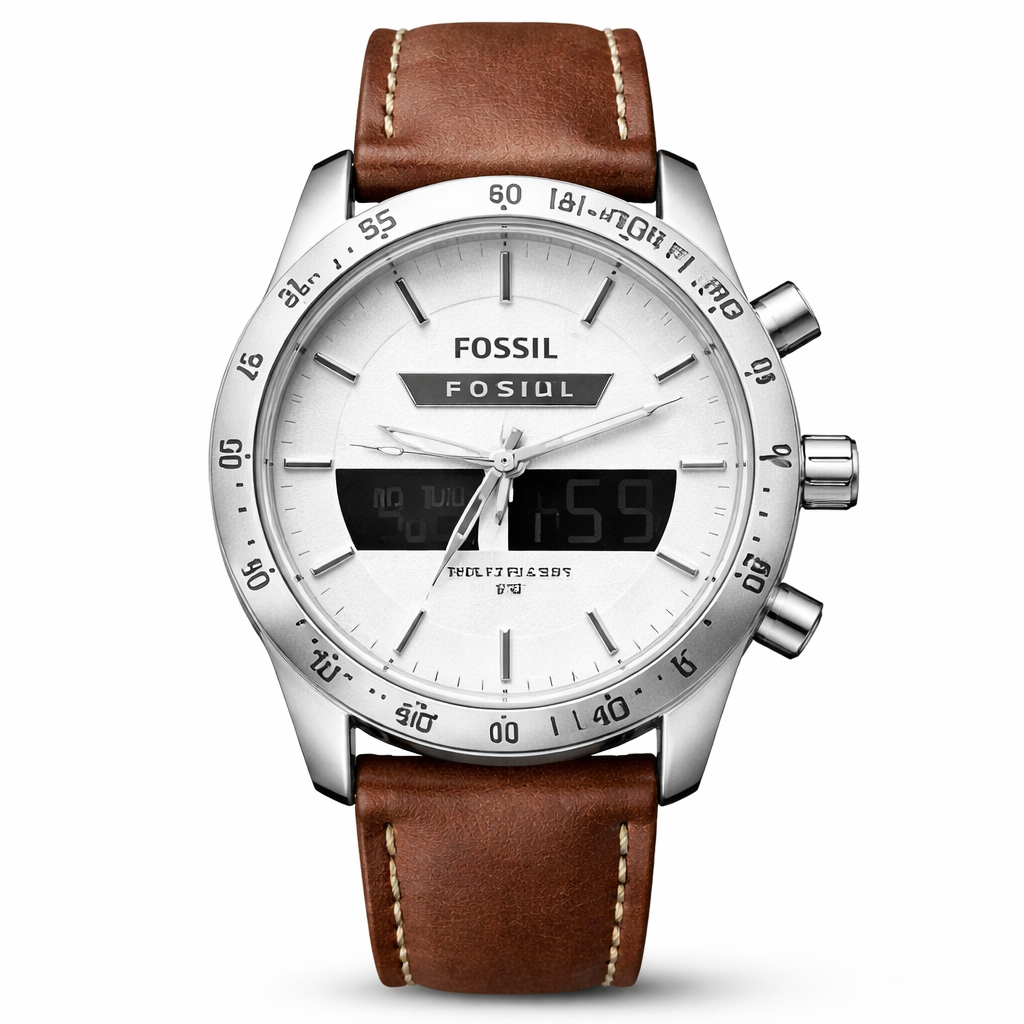 Fossil Hybrid Chronograph White Dial – Silver Case Brown Leather Strap